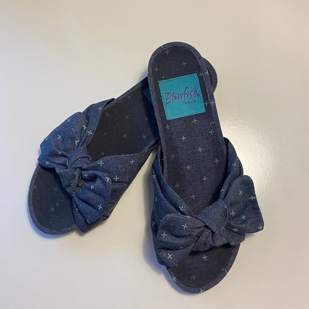 Patterned Denim Flat Bow Slides